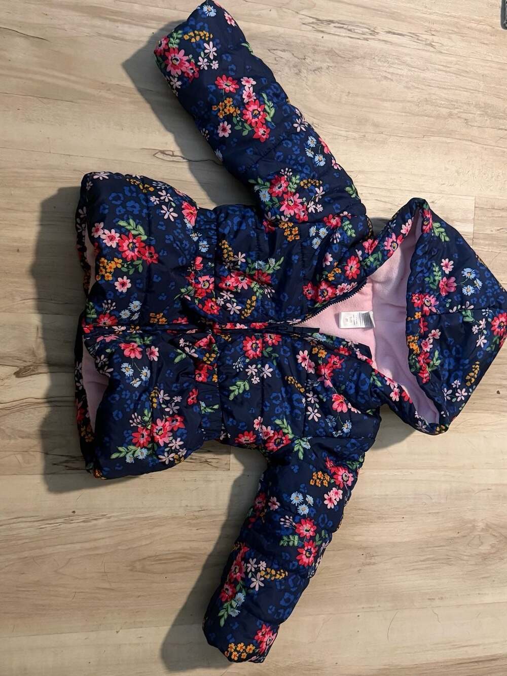 Little Me Puffer Jacket Size 2T Navy Floral Hooded Fleece Lined